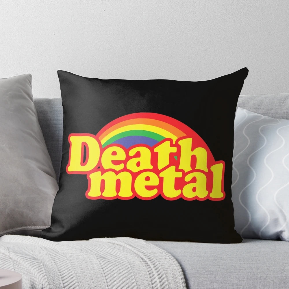 A vibrant, colorful death metal-inspired parody pillow with an eye-catching rainbow design.