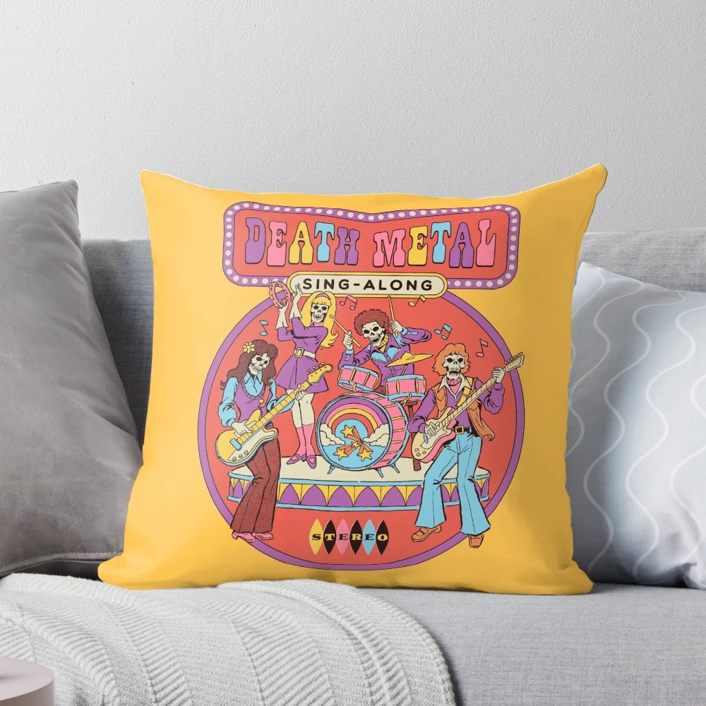 Retro-style death metal themed sing-along pillow with a skeleton design