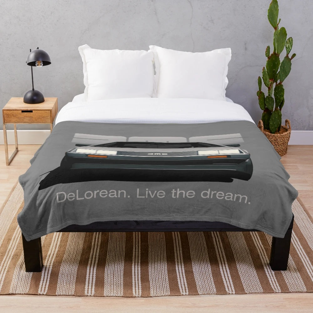 Retro DeLorean DMC-12 car in cartoon style printed on a soft, plush blanket