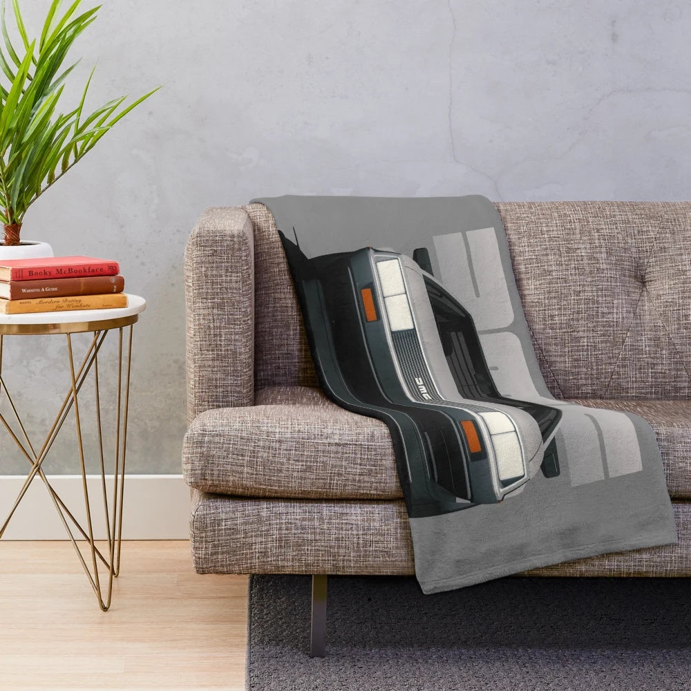 Retro DeLorean DMC-12 car in cartoon style printed on a soft, plush blanket