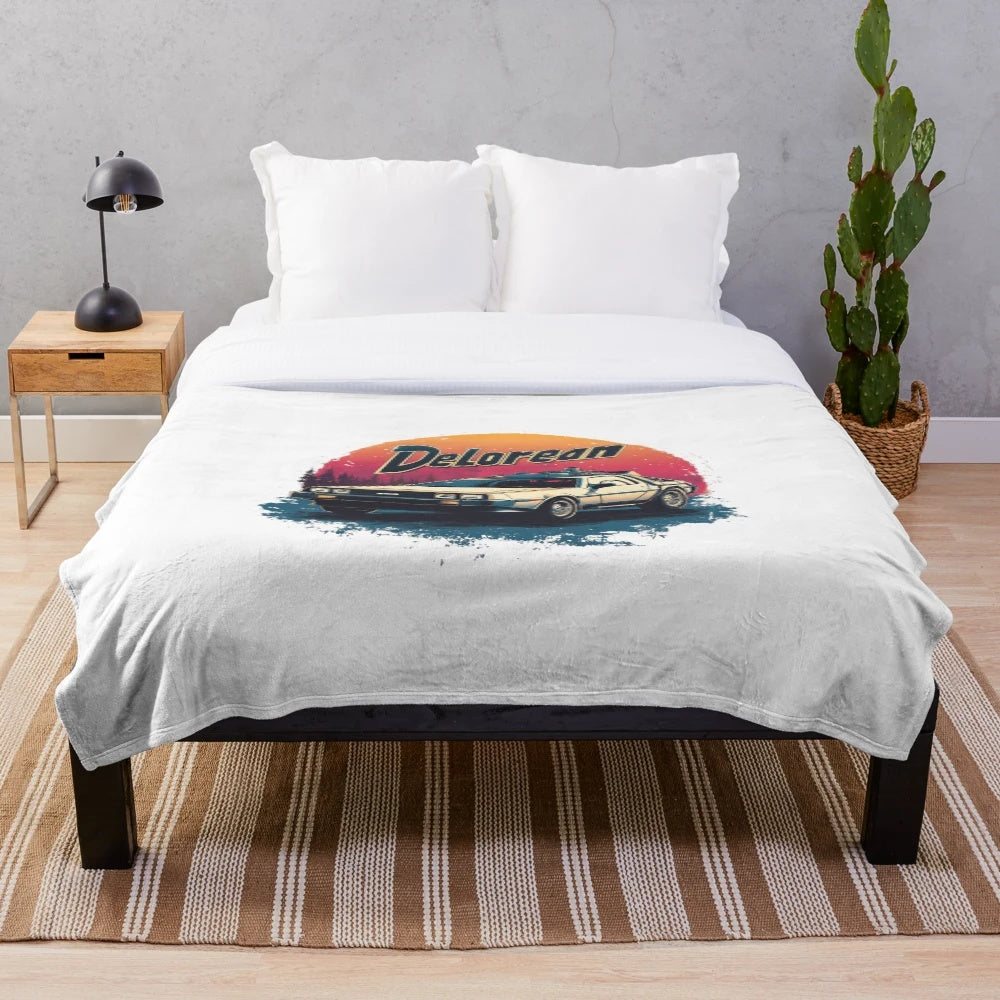 Soft and cozy plush blanket featuring the iconic Delorean car from the Back to the Future movies