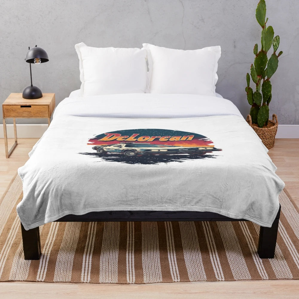 Plush Delorean car-shaped blanket with a vintage red color scheme