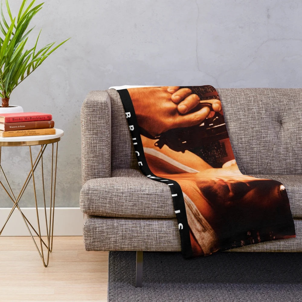 Die Hard themed plush blanket with Bruce Willis and John McClane