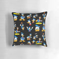 A colorful, retro-inspired pillow featuring a collage of iconic Donald Duck images in a vintage, aesthetic design.
