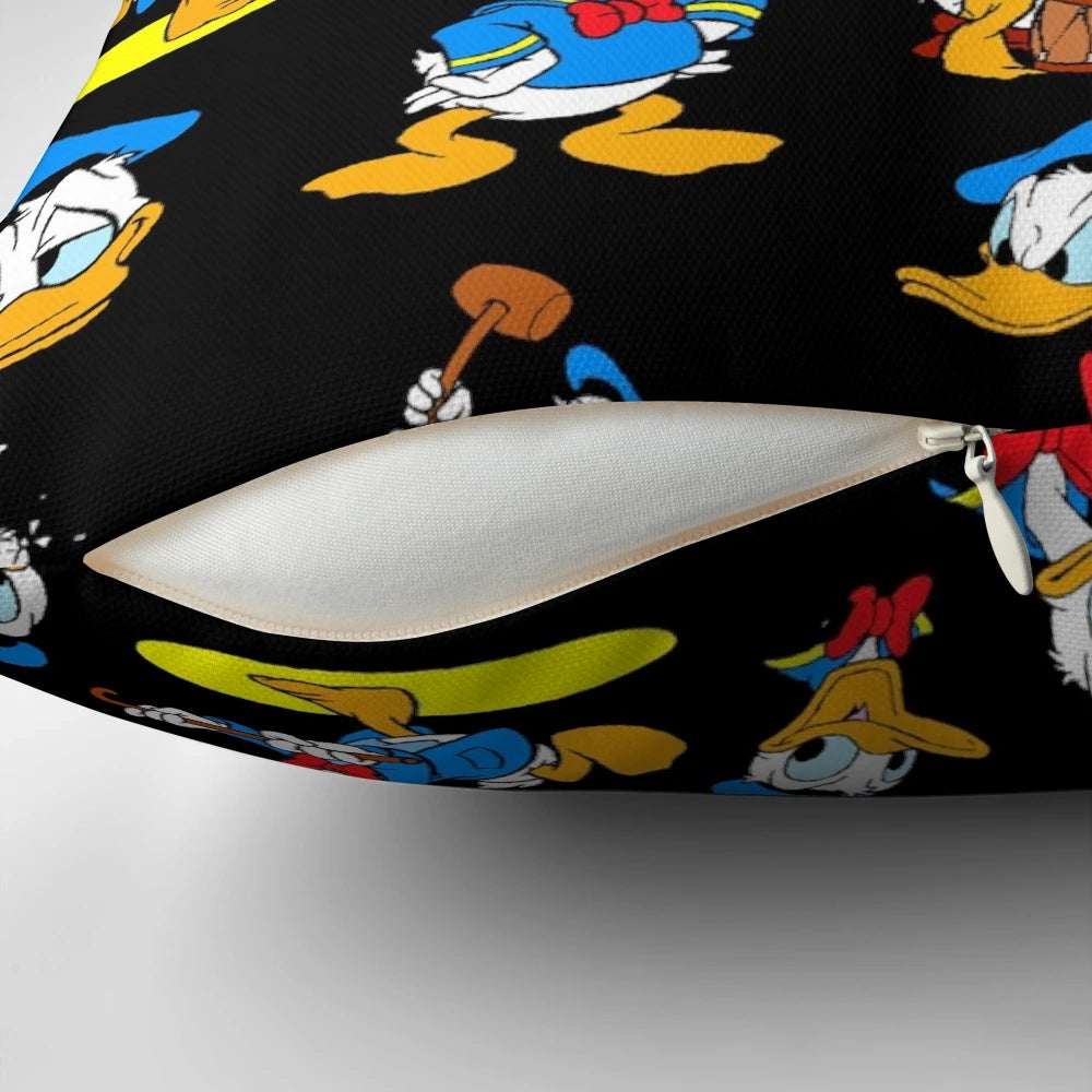 A colorful, retro-inspired pillow featuring a collage of iconic Donald Duck images in a vintage, aesthetic design.