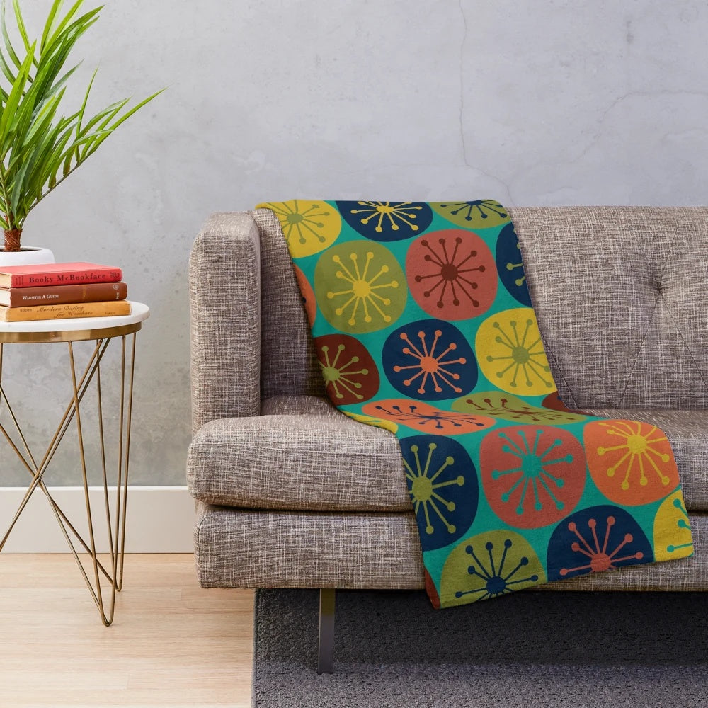 Retro dots plush blanket with midcentury modern pattern in teal, green, mustard, orange, blue, and turquoise