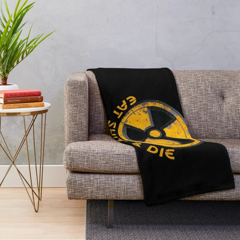 Retro-style Duke Nukem inspired plush blanket with the iconic "Eat Shit And Die" quote