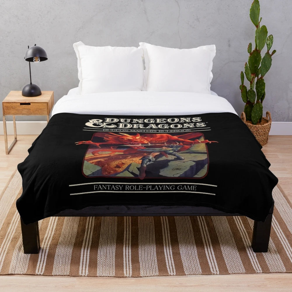 Retro-style Dungeons & Dragons plush blanket featuring fantasy art
