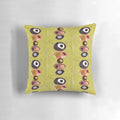 Vibrant mid-century modern throw pillow featuring an abstract collage of simple geometric shapes in a retro color palette