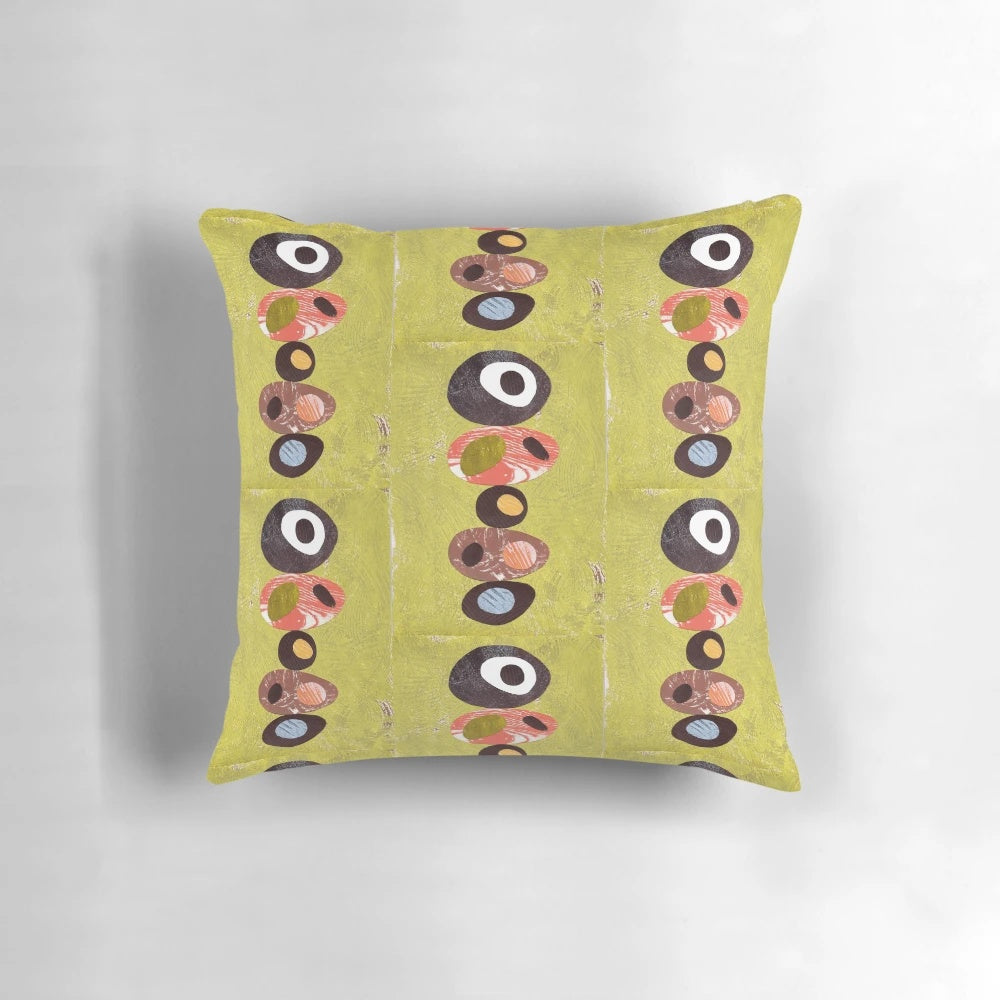 Vibrant mid-century modern throw pillow featuring an abstract collage of simple geometric shapes in a retro color palette