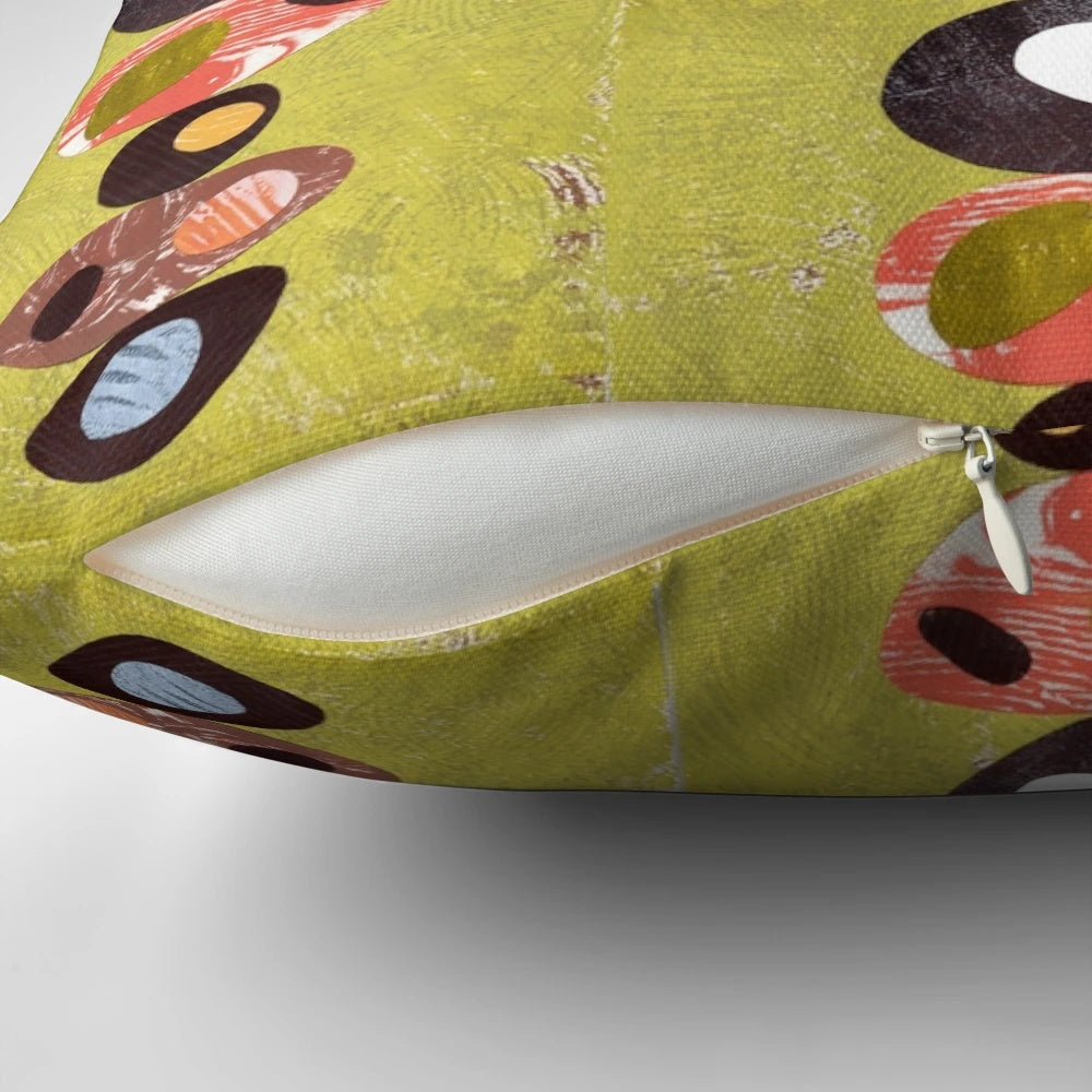 Vibrant mid-century modern throw pillow featuring an abstract collage of simple geometric shapes in a retro color palette