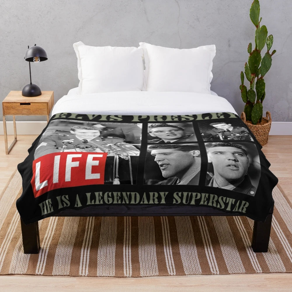 Vintage-style plush blanket featuring classic Elvis Presley imagery