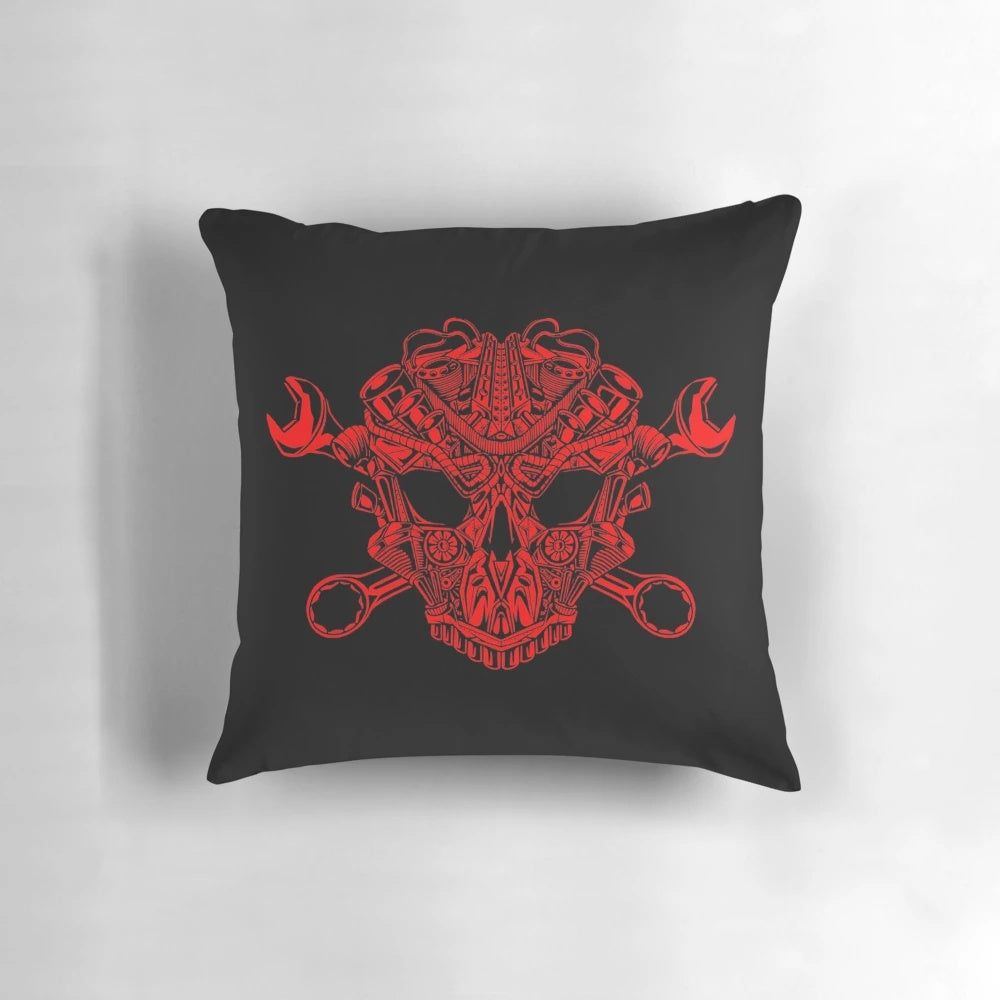 Vintage-style engine skull pillow with a custom, high-quality design for motorcycle and car lovers