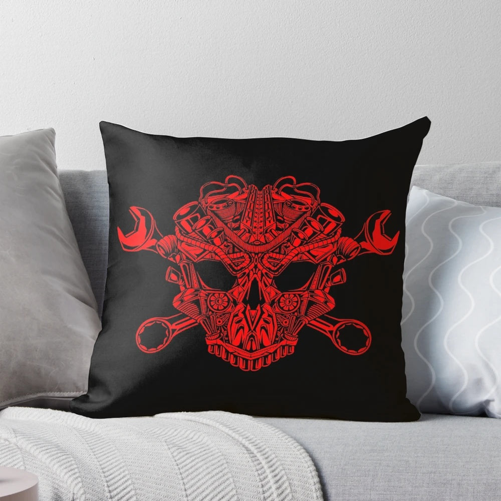 Vintage-style engine skull pillow with a custom, high-quality design for motorcycle and car lovers
