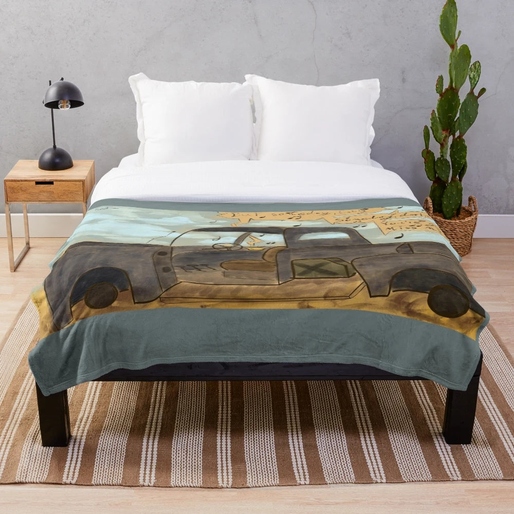 Retro-style plush blanket featuring a post-apocalyptic wasteland design inspired by the Fallout video game series