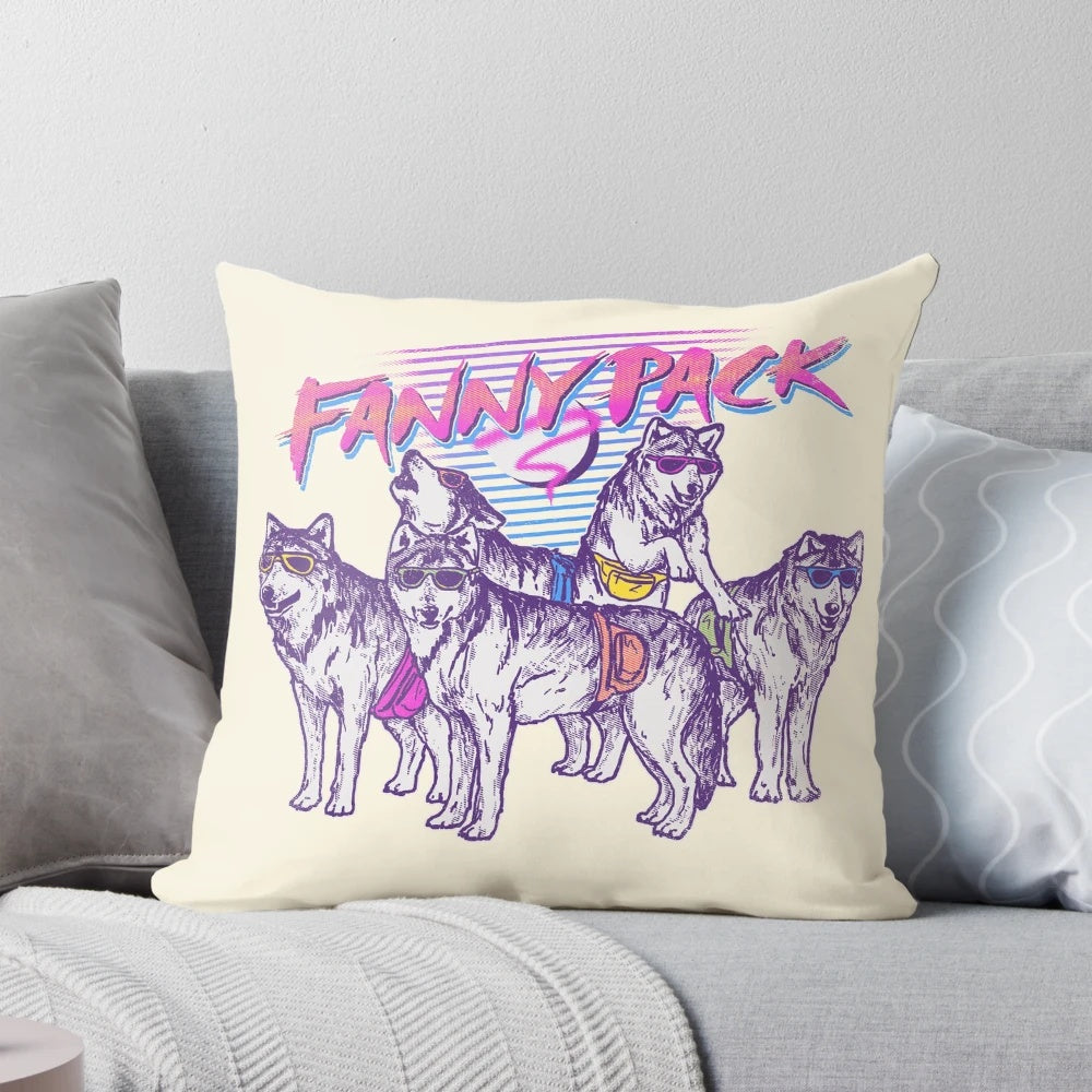 A plush, soft pillow in the shape of a fanny pack with a wolf pack design, perfect for travel, lounging, and adding a touch of 90s/80s style.