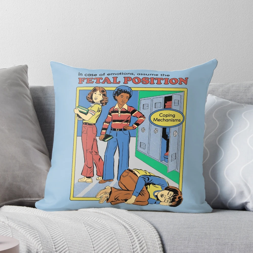 Retro-styled fetal position inspired pillow, a nostalgic and humorous cushion