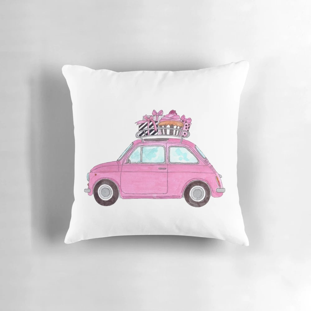 Colorful watercolor painting of a retro Fiat 500 car on a cozy pillow