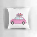 Colorful watercolor painting of a retro Fiat 500 car on a cozy pillow