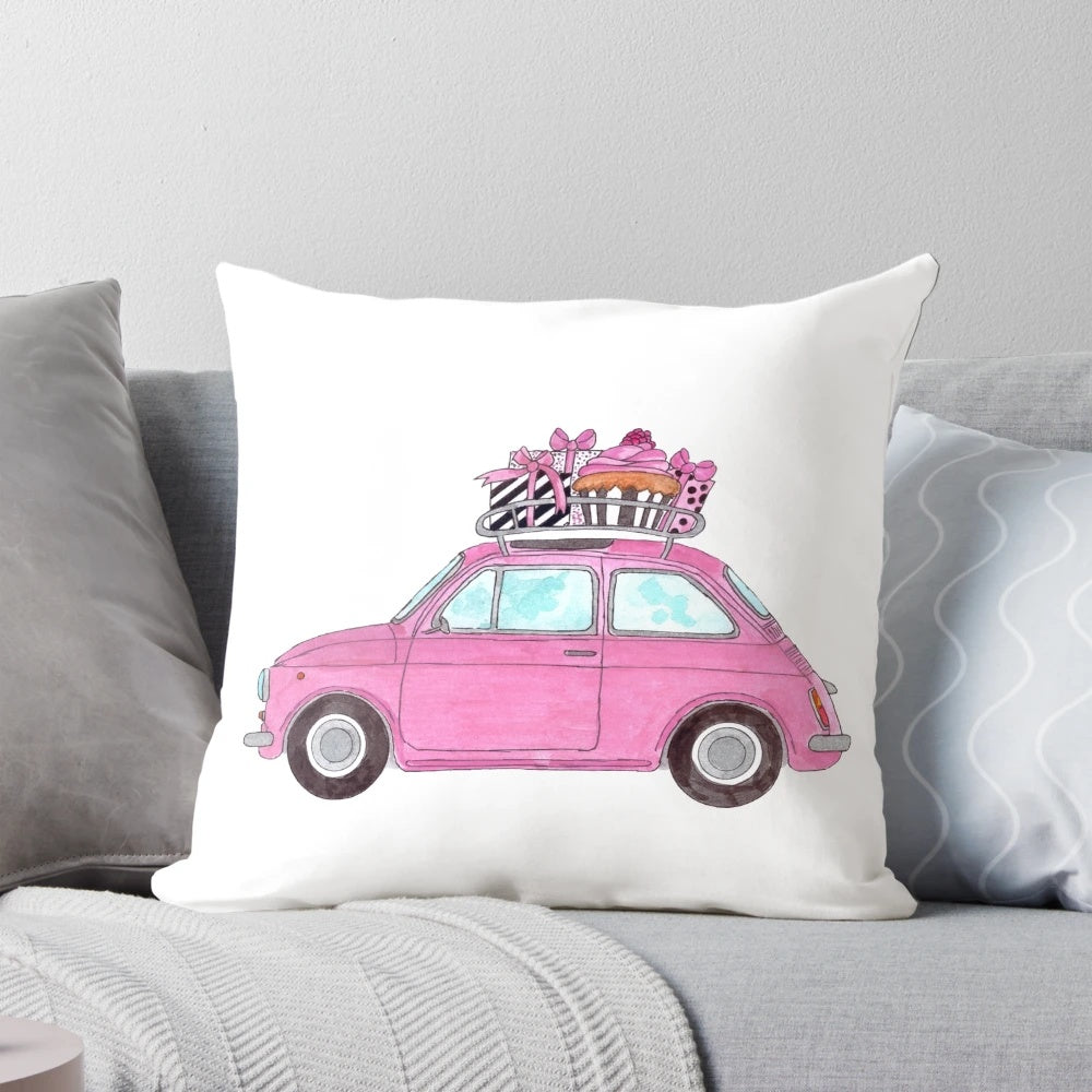 Colorful watercolor painting of a retro Fiat 500 car on a cozy pillow