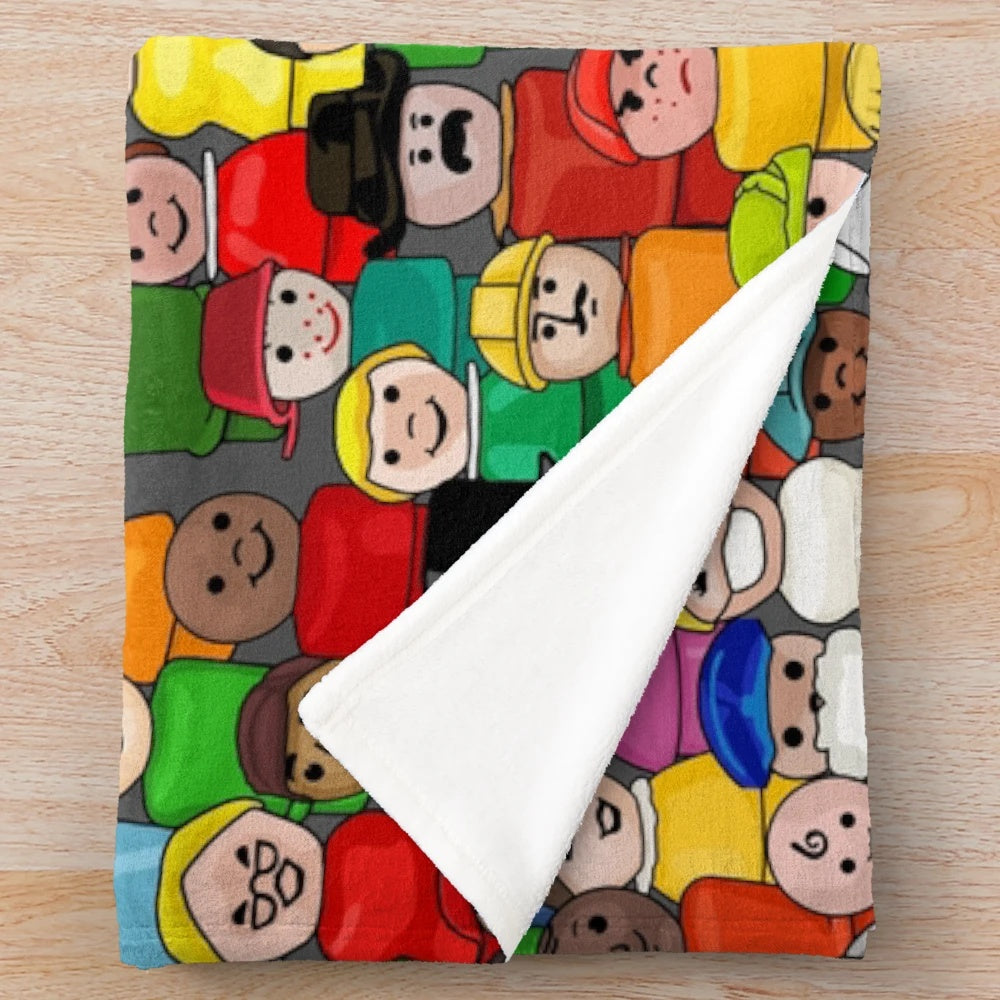 Cozy plush blanket with all-over Fisher Price Little People characters