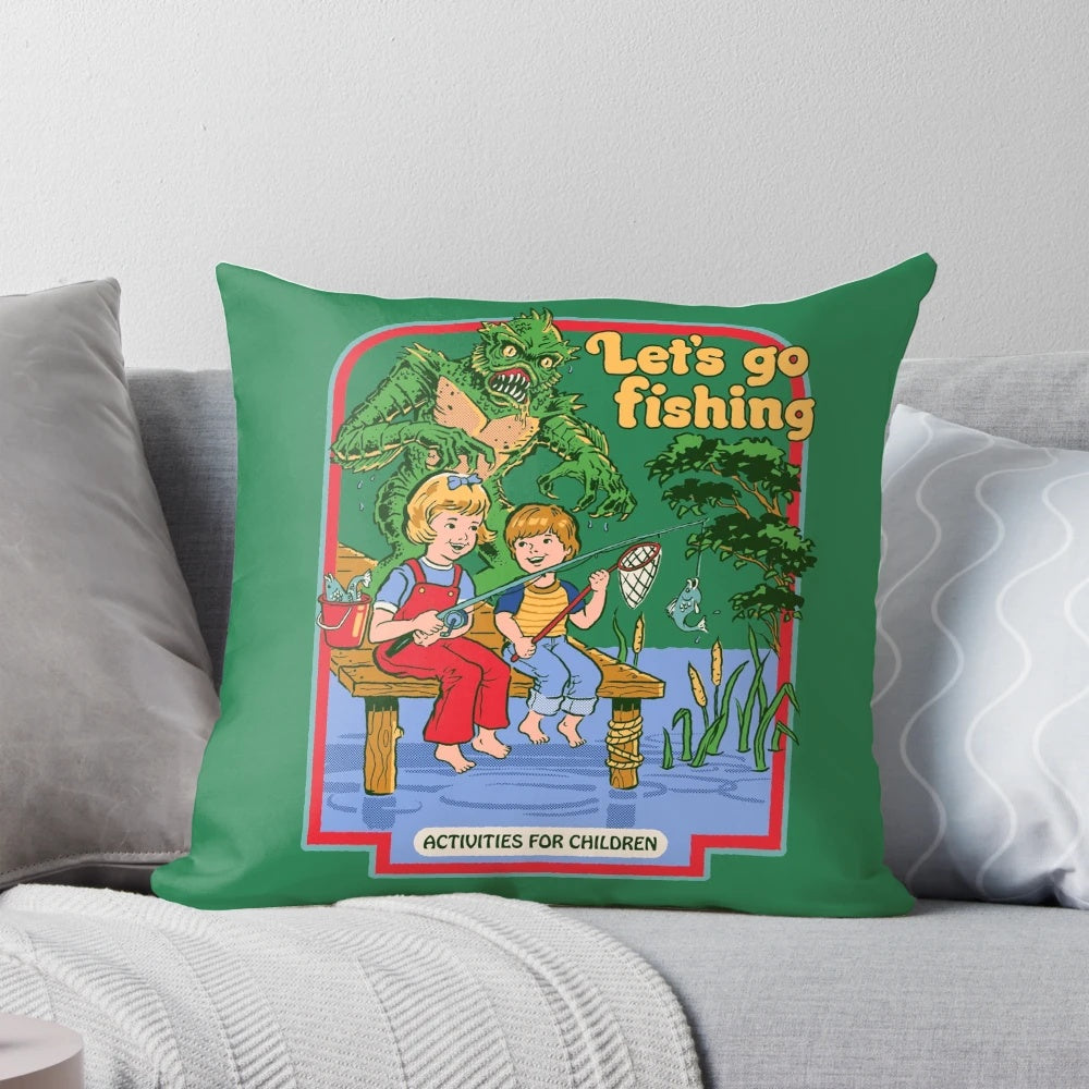 Retro-style fishing pillow featuring a Creature from the Black Lagoon inspired design