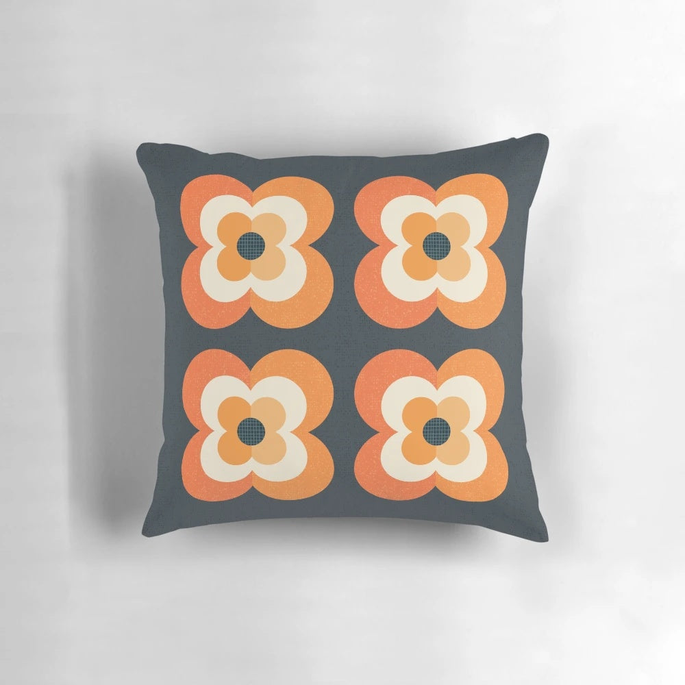 Retro Floral Accent Pillow in Orange and Charcoal
