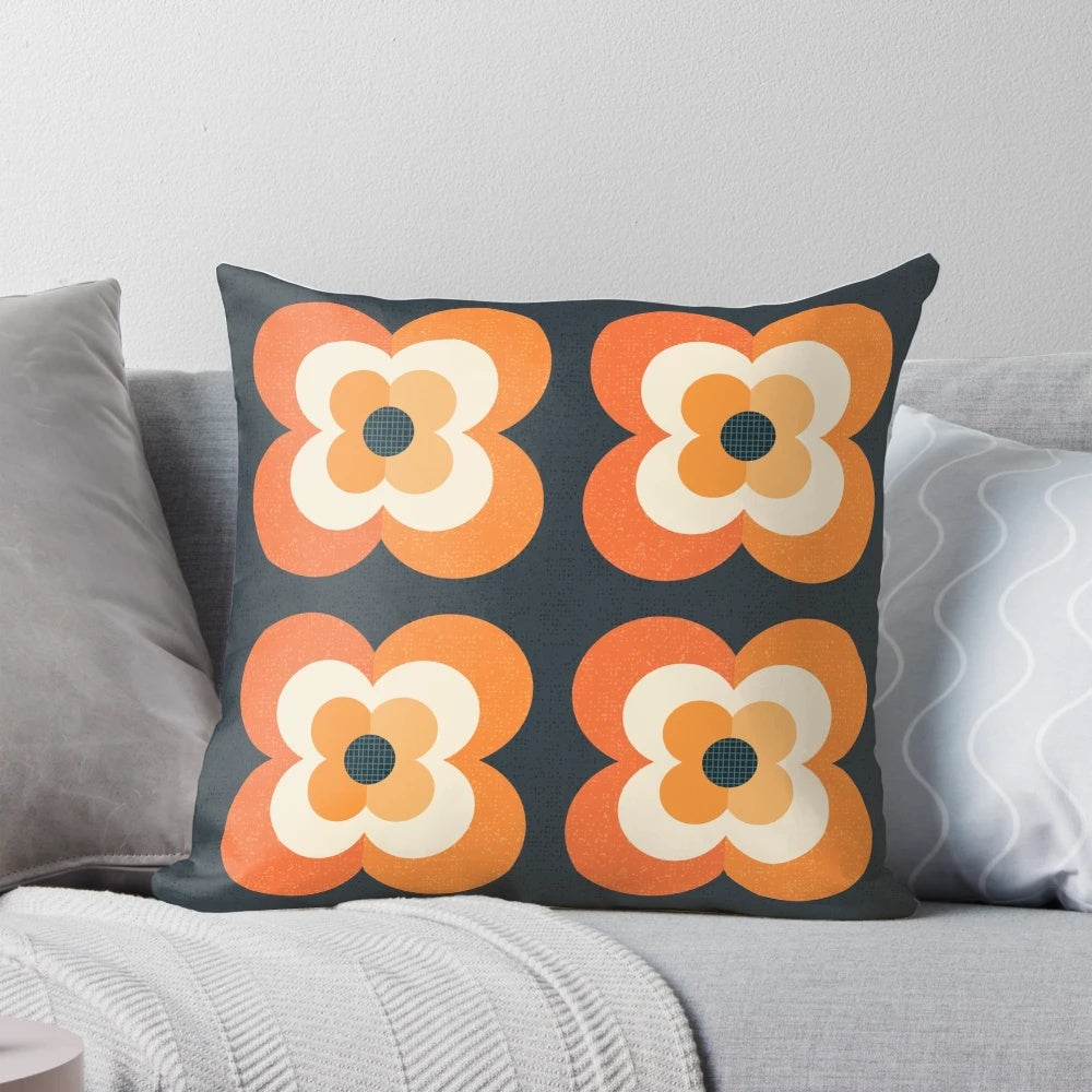 Retro Floral Accent Pillow in Orange and Charcoal
