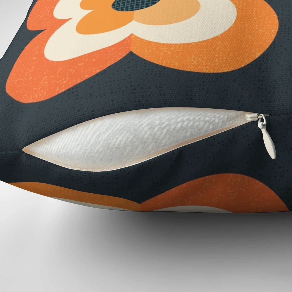 Retro Floral Accent Pillow in Orange and Charcoal