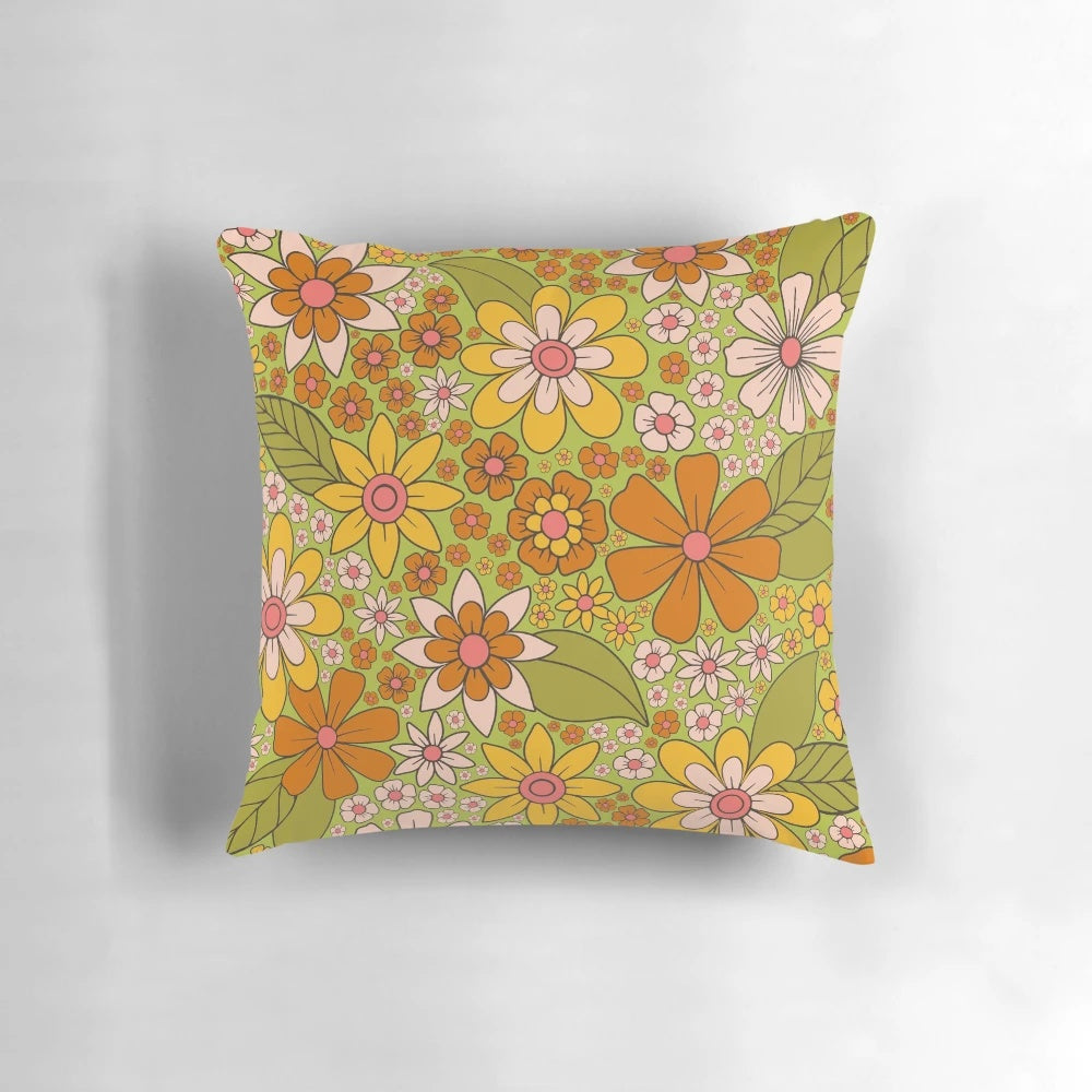 Vibrant retro floral pattern 1960s 1970s style pillow