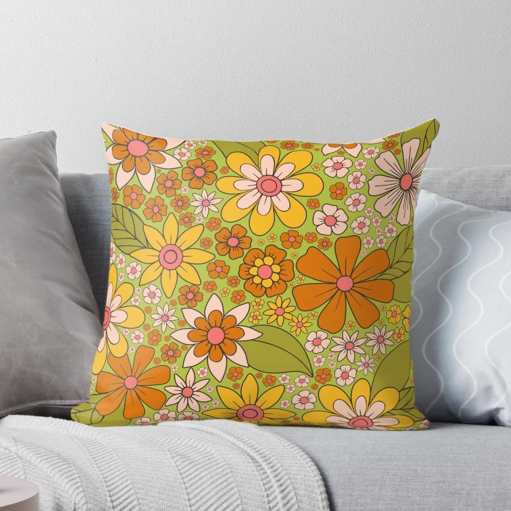 Vibrant retro floral pattern 1960s 1970s style pillow