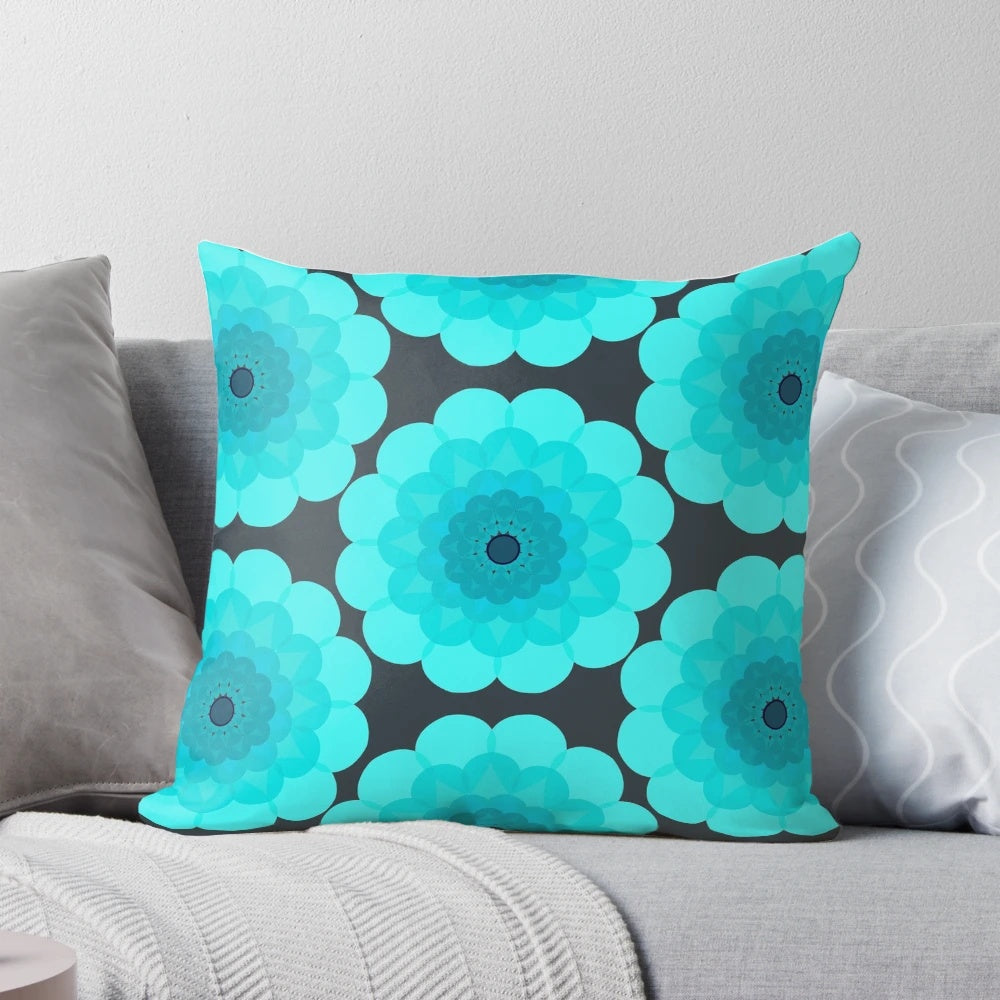 Retro floral patterned Margo pillow in shades of blue, teal, and grey