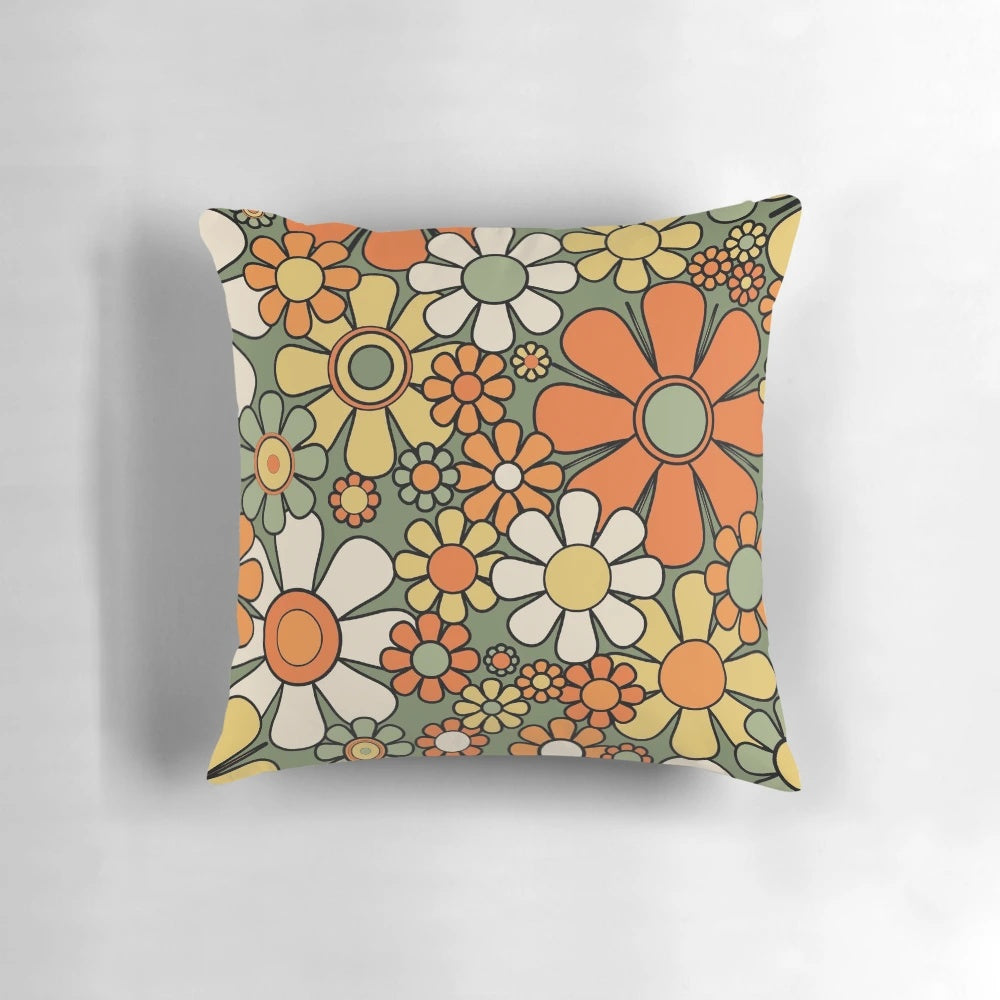 Retro floral pattern throw pillow in mossy sage green, orange, and yellow colors