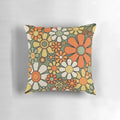 Retro floral pattern throw pillow in mossy sage green, orange, and yellow colors