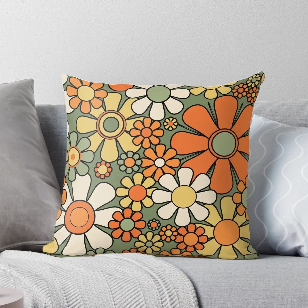 Retro floral pattern throw pillow in mossy sage green, orange, and yellow colors