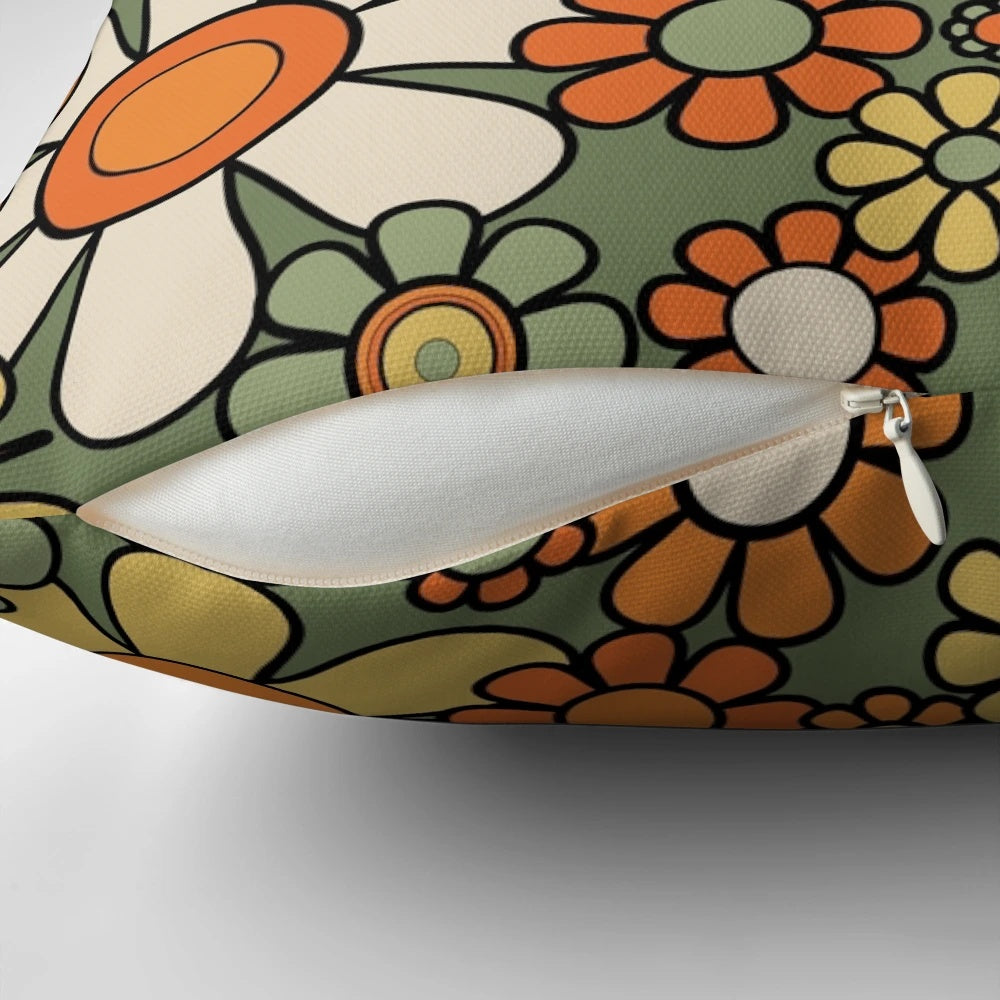 Retro floral pattern throw pillow in mossy sage green, orange, and yellow colors