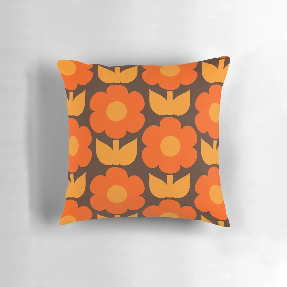 Retro floral pattern throw pillow in shades of brown and orange