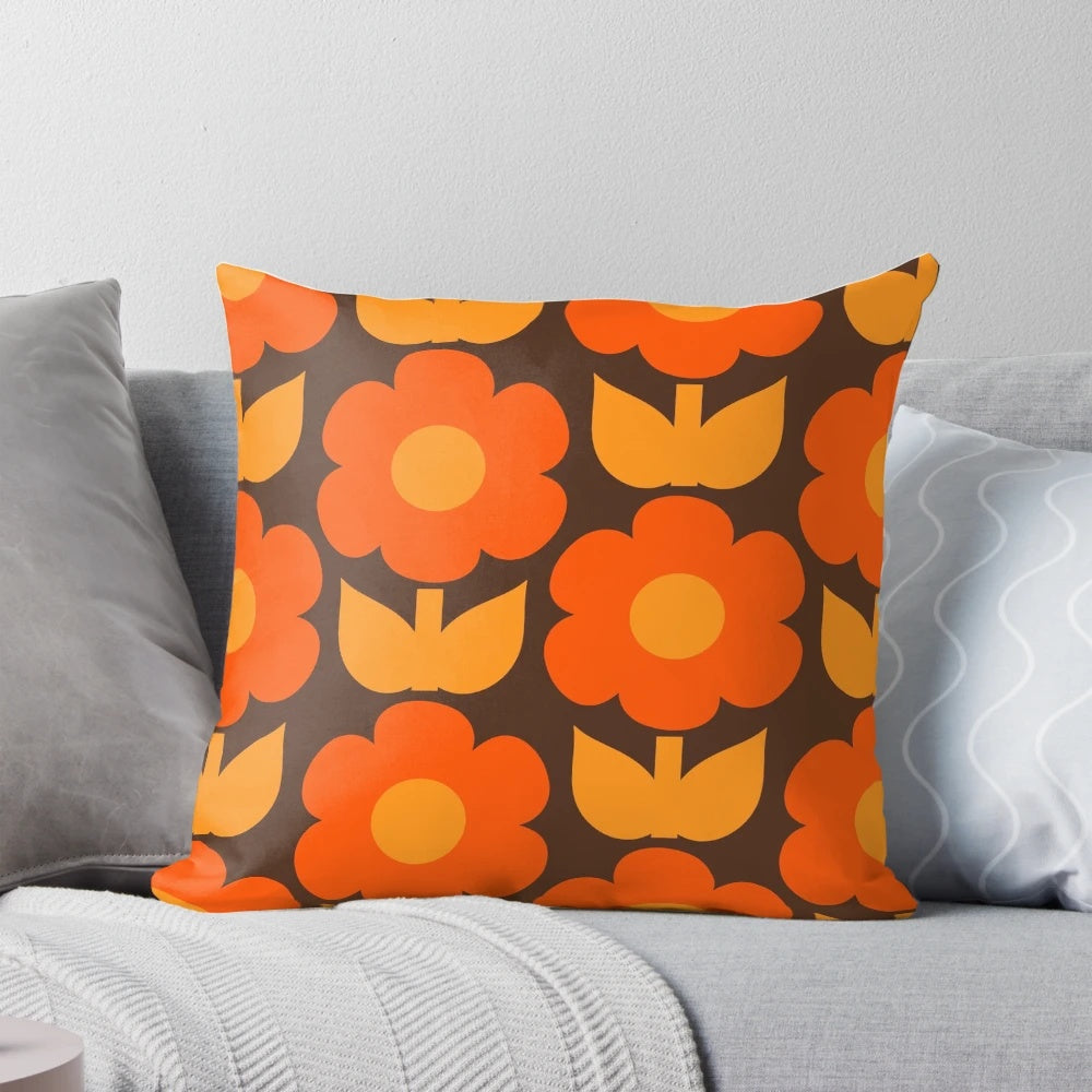 Retro floral pattern throw pillow in shades of brown and orange