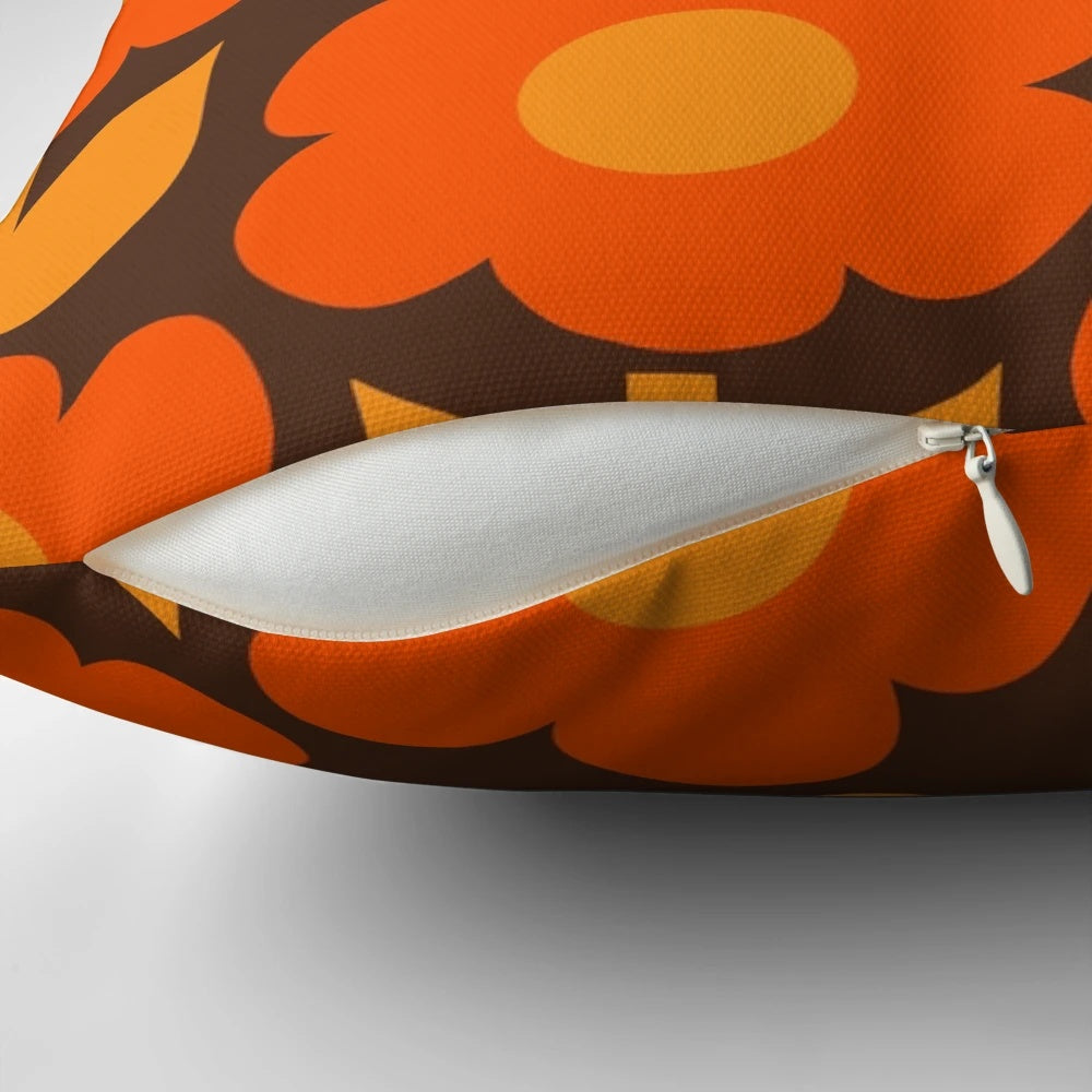 Retro floral pattern throw pillow in shades of brown and orange