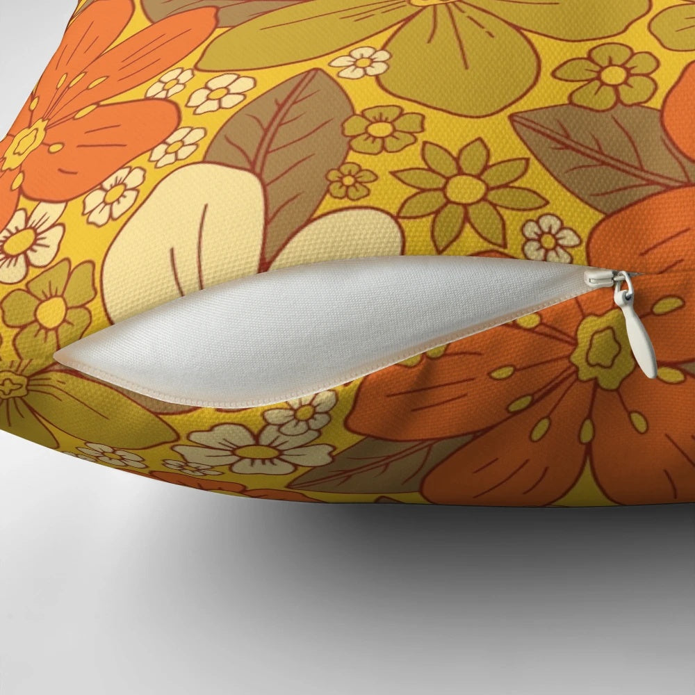Retro floral pattern pillow in orange and olive green colors