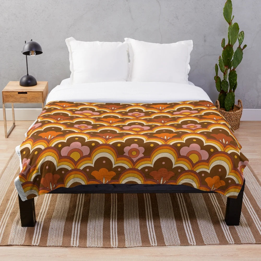 Retro floral plush blanket with vibrant 70s 60s psychedelic flower power pattern