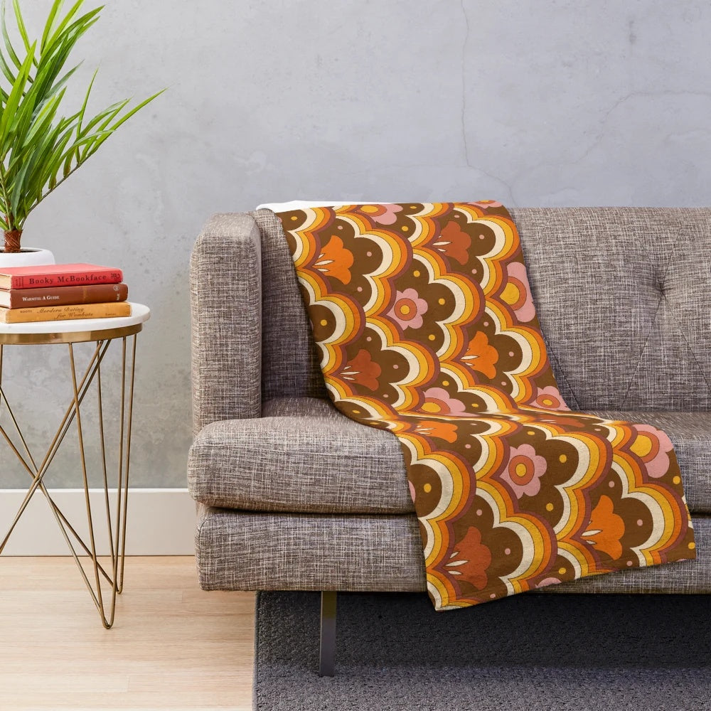 Retro floral plush blanket with vibrant 70s 60s psychedelic flower power pattern