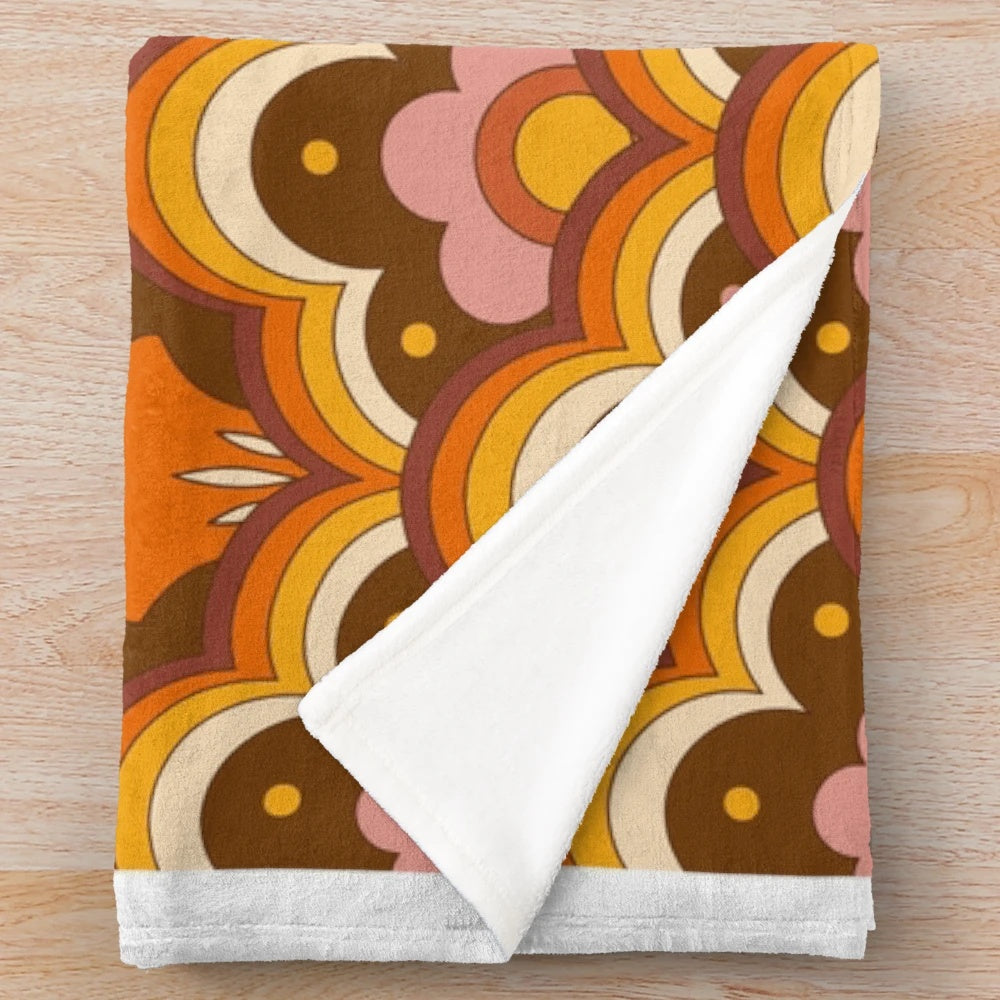 Retro floral plush blanket with vibrant 70s 60s psychedelic flower power pattern
