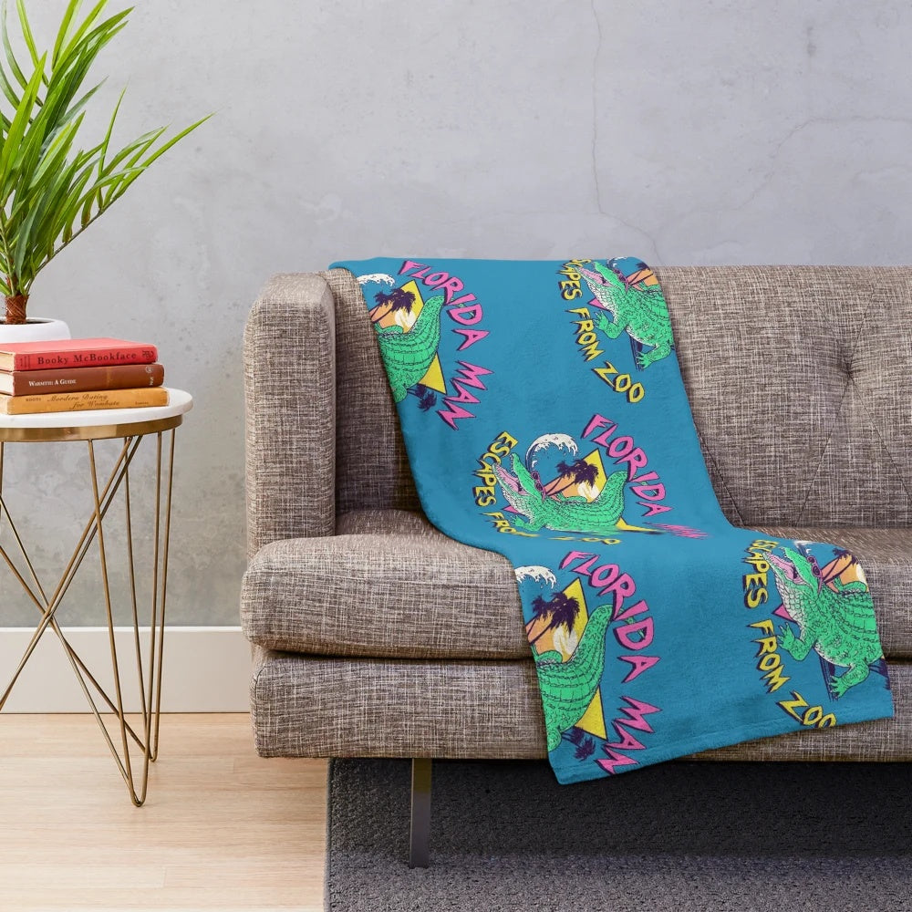 Retro Florida man plush blanket with alligator and beach imagery