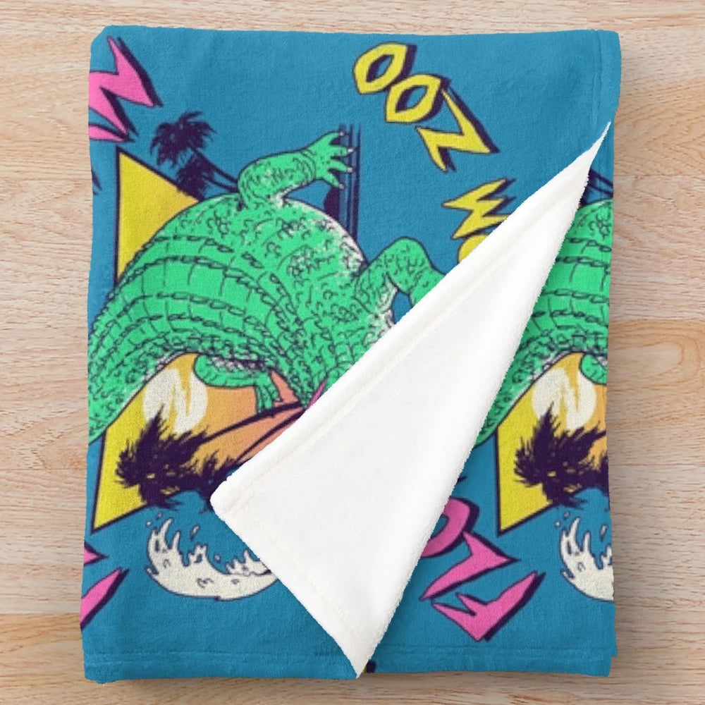 Retro Florida man plush blanket with alligator and beach imagery