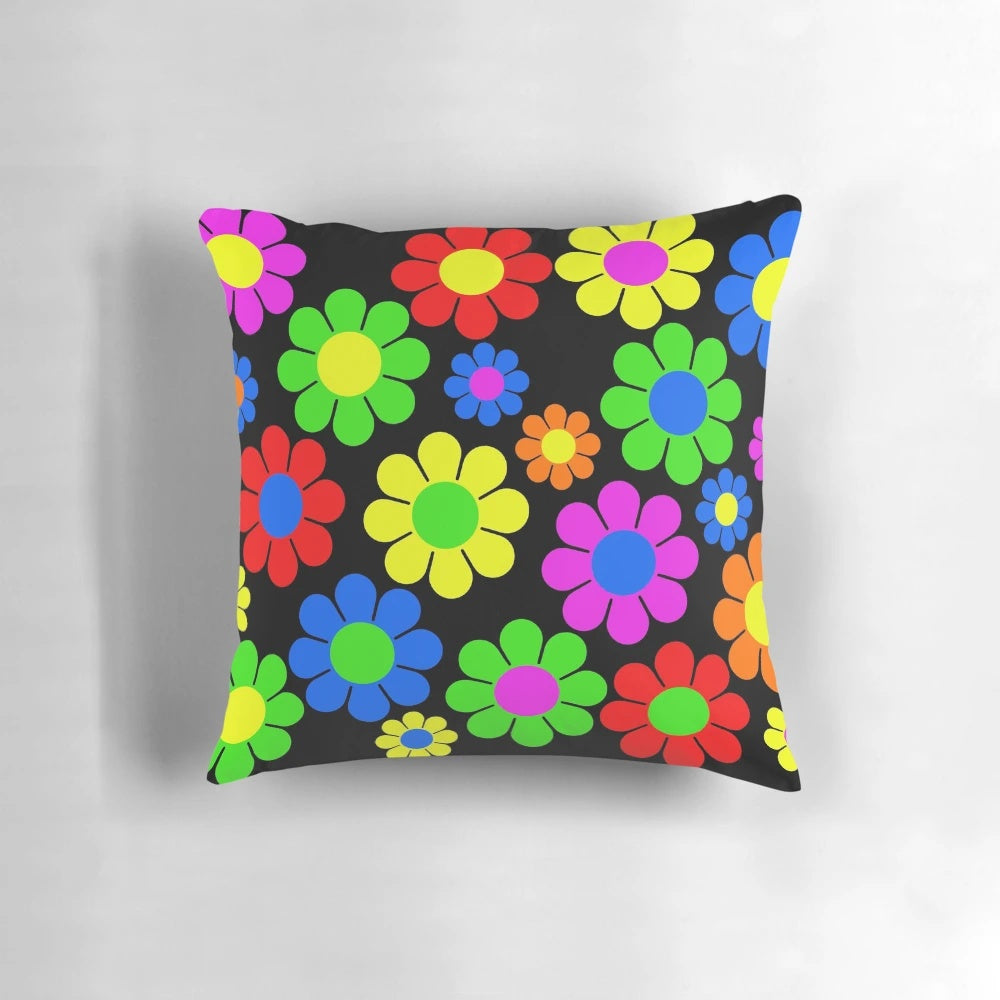 Colorful vintage-inspired pillow with a hippie daisy flower pattern