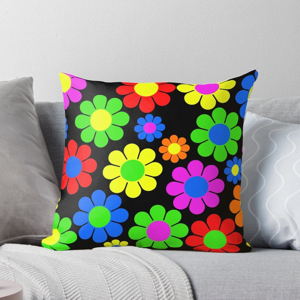 Colorful vintage-inspired pillow with a hippie daisy flower pattern