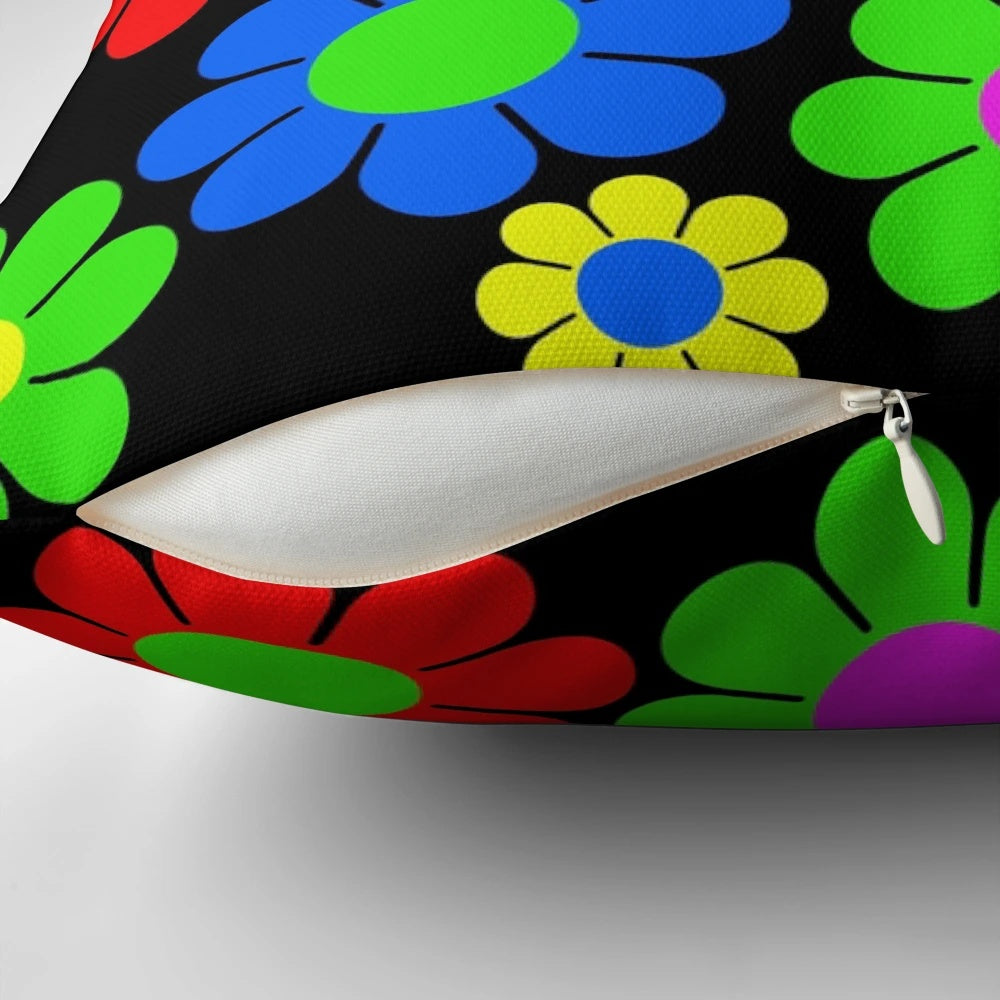 Colorful vintage-inspired pillow with a hippie daisy flower pattern