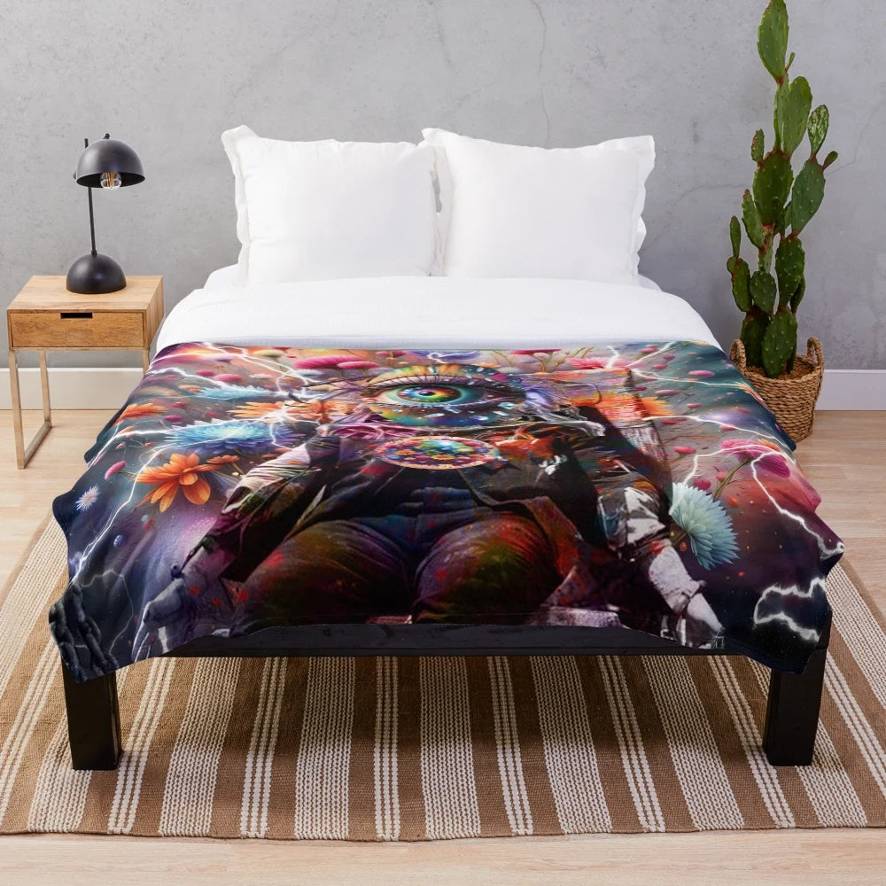 Vibrant retro flower power plush blanket with colorful psychedelic floral design