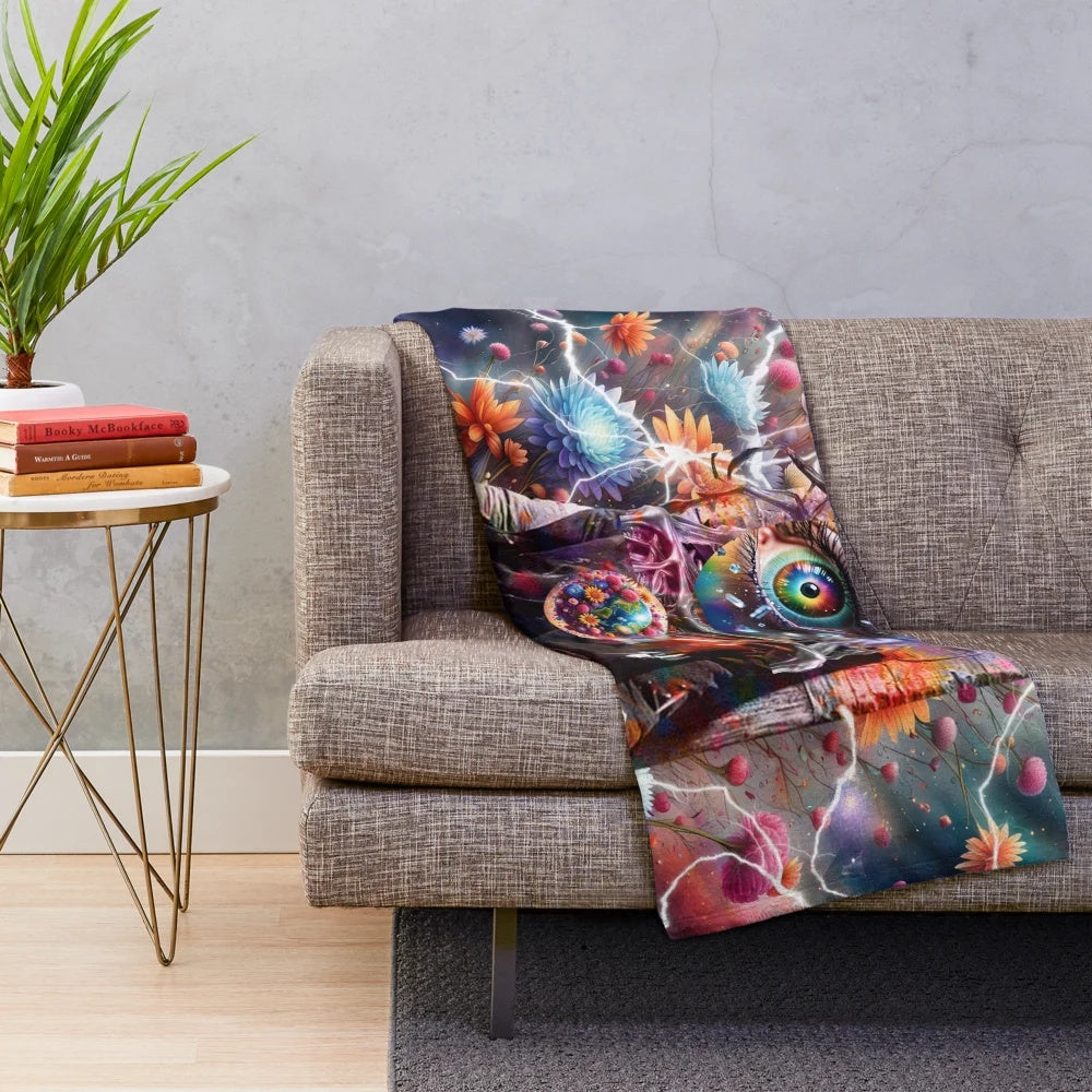 Vibrant retro flower power plush blanket with colorful psychedelic floral design